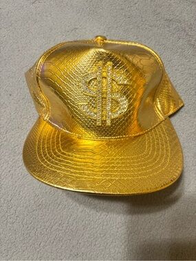 Amazon Gold Faux-Snake Snapback Hat with Rhinestone Dollar Sign